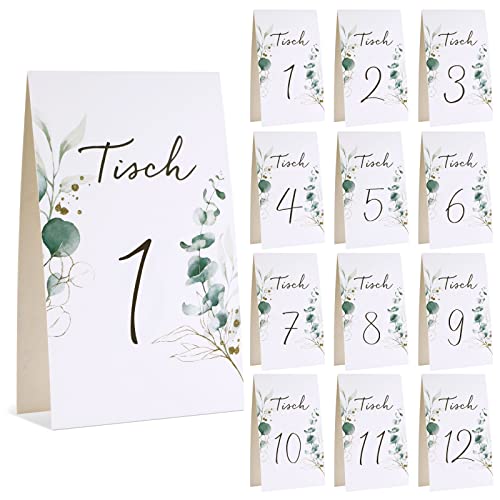 12 Stück Tischnummern 1-12 Eukalyptus Weiß Tischkarten Hochzeit Platzkarten Tischdeko aus Papier Nummern Zahlen für Geburtstag Party Taufe Kommunion Konfirmation