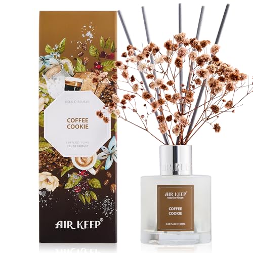 Airkeep Raumduft Coffee Cookie Duft, Reed Diffuser mit 8 Duftstäbchen, Lufterfrischer für Badezimmer, Wohnung, Heimdekoration, 100ml