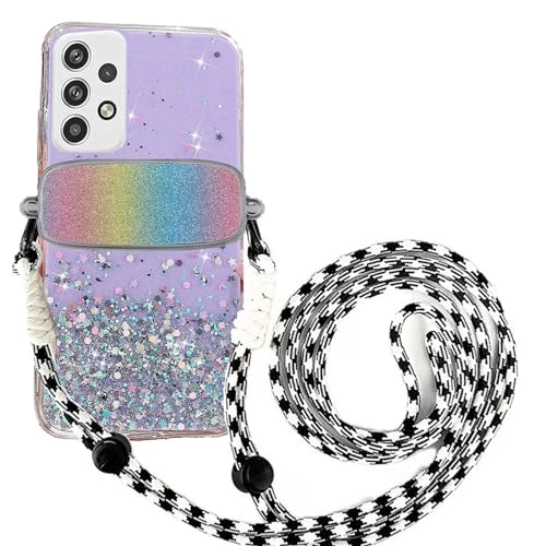 Tivenfezk Nadoli für Samsung Galaxy A53 5G Glitzer Handykette Hülle,Silikon Bling Durchsichtig Crossbody Tasche zum Umhängen Schutzhülle mit Telefon Clip Halter Band