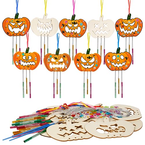 WEDNOK 9 Stück Kürbis Windspiel Bastelset Halloween Basteln Kinder Holz Bastelhandwerk zum Bemalen Pumpkin Holzbastelset Klangspiel Kreativsets für Mädchen Junge Halloween