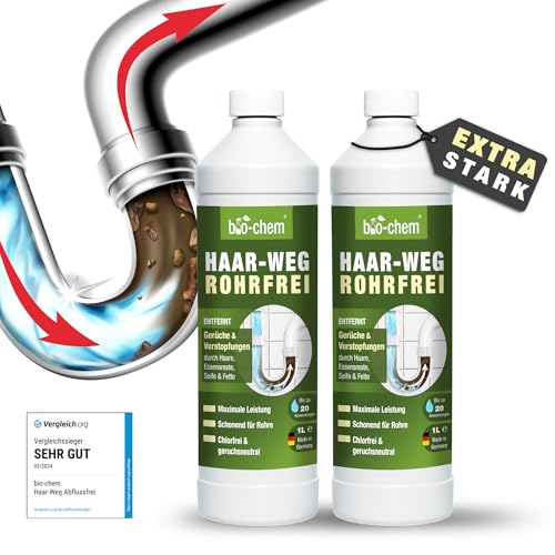 bio-chem Haar-Weg Abflussfrei – Abflussreiniger EXTRA STARK – 2x1000 ML - Bis zu 20 Anwendungen je Flasche Rohrreiniger – Extrem effektiv & materialschonend gegen Verstopfungen & Haare - Made in DE