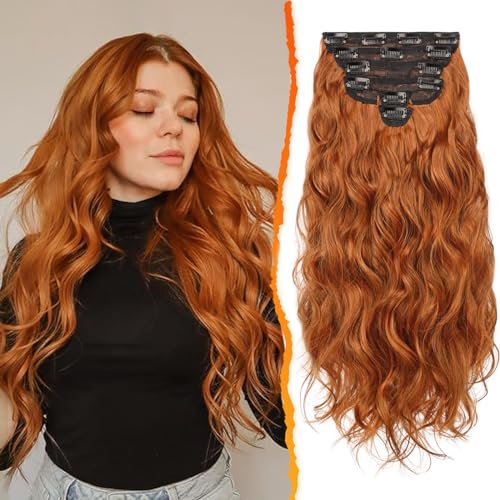 BARSDAR Clip in Haarverlängerung, 50CM Lang Wellig Kupfer Haarextension Clip in 6PCs Voller Kopf Dickes Synthetisches Clip in Extensions Haarteil Für Damen Tägliches Party (Ingwer Kupfer)