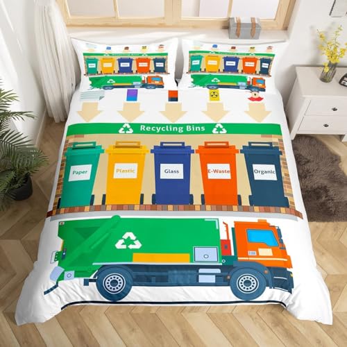 Sezhiqeu Müllabfuhr-Fahrzeug Bettwäsche 140x200, 3D Muster Weich Kuschelig Mikrofaser Bettwäsche Set Cartoon Auto Bettbezug + 2 Kissenbezug 80x80 cm mit Reißverschluss A4806