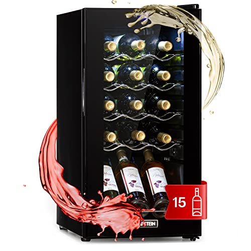 Klarstein Weinkühlschrank, 1 Zonen Getränkekühlschrank Klein, Kleiner Weinschrank 53L, Wein-Kühlschrank Klein mit Glastür, Indoor/Outdoor Flaschenkühlschrank, Wine Fridge 5-18°C, 15 Flaschen