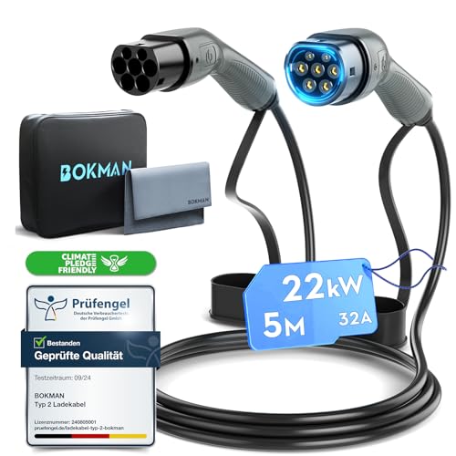 bokman Typ 2 Ladekabel, Modus 3 / 32A / 22 kW / 3-Phasig / 5 Meter, Typ 2 auf Typ 2 EV Ladekabel für Elektroauto mit Tragetasche und Mikrofasertuch