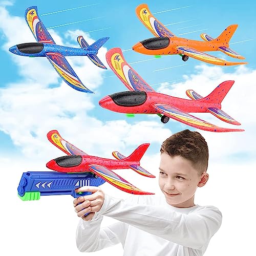 Flugzeug Spielzeug, Kinder Schaum Flugzeug Segelflugzeug, Styroporflieger Wurfgleiter Katapult Kinderspielzeug Pistole mit 4 Schaum Flieger,Outdoor Sport Spielzeug Geschenk für Jungen Mädchen (blue)