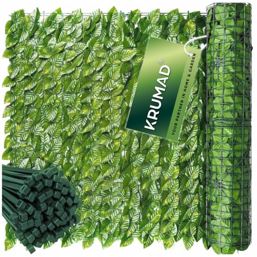 KRUMAD Künstlicher Efeu Hecke Sichtschutz 300 x 50cm, Sichtschutz Balkon und Garten, Efeu Künstlich, UV-beständig, Wetterfest, inkl. 100 Kabelbinder, Sichtschutz Zaun ohne Bohren, Grün