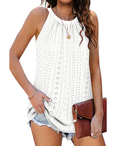 WNEEDU Sommer Top Damen Neckholder Top Ärmellose Tanktop Elegante Oberteile Cami Shirt (Weiß, M)