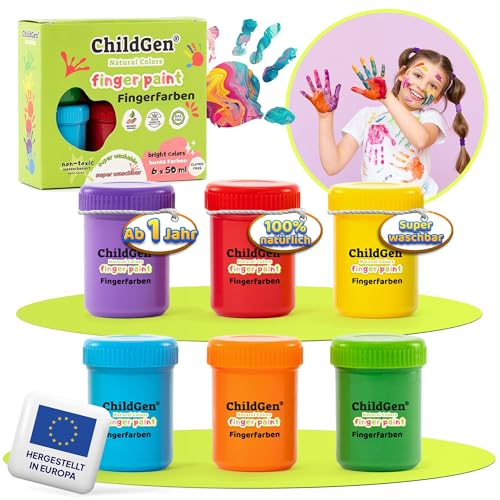 Fingerfarben kinder ungiftig ab 1 jahr ChildGen, Bio Fingermalfarben, Fingerfarben Baby ungiftig Bio, geeignet zum Malen für Kindergarten, Schulen oder Zuhause, Handfarben Kinder, Fingerfarbe -6x 50ml