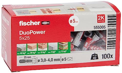 fischer DUOPOWER 5 x 25, Universaldübel, leistungsstarker 2-Komponenten-Dübel, Kunststoffdübel zur Befestigung in Beton, Ziegeln, Stein, Gipskarton uvm., ohne Schrauben, 100 Stück