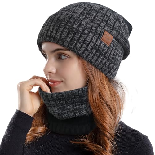 Figarge Strickmütze Wintermütze Schal Damen Herren Warme Weich Beanie Mütze Loop Schal Set Warm Weichem Innenfutter Strickmütze und Schal mit Fleecefutter Gestrickt für Herbst Winter