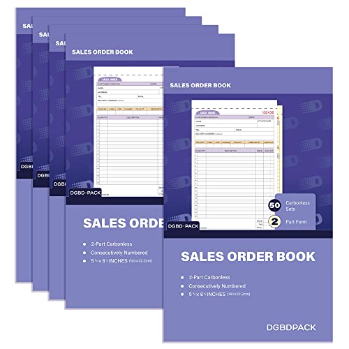 DGBDPACK Verkaufsauftragsbuch 5 Pack, 2 teilige kohlenstofflose Rechnungen, weiß/kanarienvögel, 5-9/16 x 8-3/4 Zoll, Quittungsbuch 50 Einheiten pro Buch