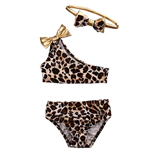 Loalirando 3-teiliger Badeanzug für Mädchen, trägerloser Bikini mit Leopardenmuster, für Mädchen, Badeanzug, Top Bikini + Boden Bikini mit Bowknot+ Stirnband, braun, 12- 24 Monate