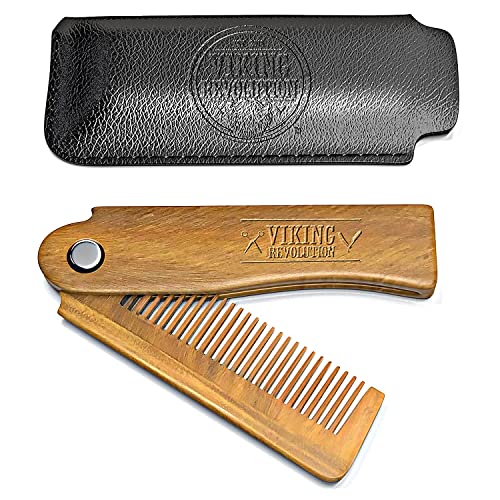 Faltbarer Bartkamm Männer für Herren mit Etui - Natürlicher Butterfly Kamm mit Geschenkbox - Grüner Sandelholz Kamm zum Pflegen & Kämmen von Haaren, Bärten & Schnurrbärten von Viking Revolution