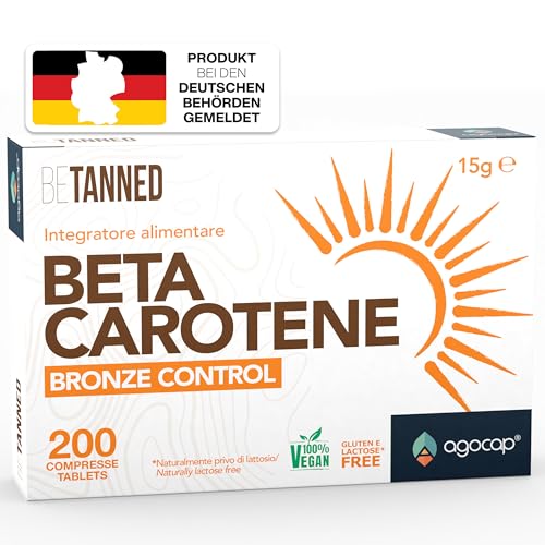 BETA CAROTIN - Bräunungskapseln, 200 Mikrocpr. Betakaroten gold, und Vitamin A. Beta carotin kapseln, Bräunungsbooster - Fördert die Produktion von Melanin für goldene Haut. Beta carotin hochdosiert