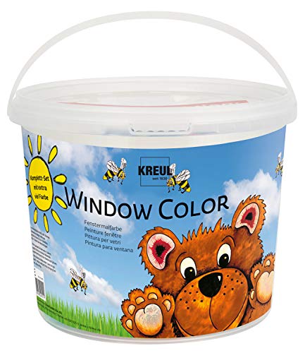 KREUL 40151 - Window Color Power Pack Bär, für kleine und große Kreative, 7 x 125 ml Fensterfarben, 125 ml Konturenfarbe schwarz, 2 verschiedene Folie, Feindüse und Motivvorlagen