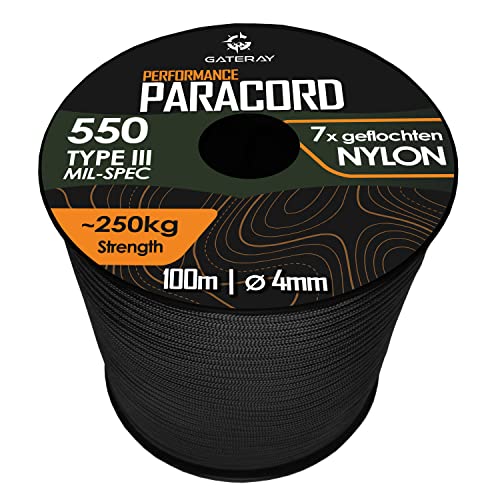 GATERAY® Performance Paracord 550 4mm Nylonschnur - 100 Meter Allzweck-Seil aus Nylon für Camping - Outdoor & Survival (Schwarz, 100m)