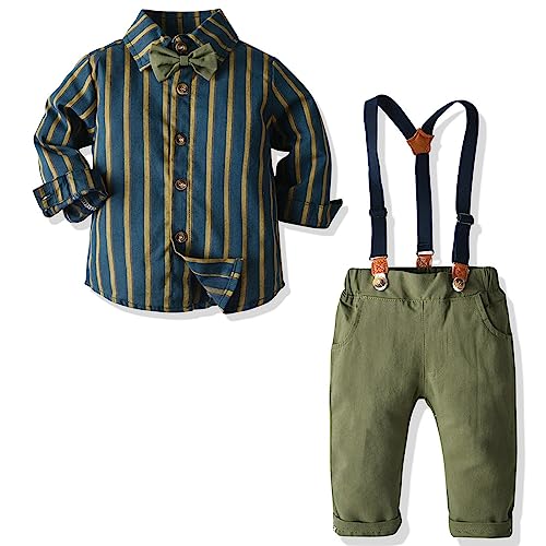 Balipig Jungen Gentleman Anzug Set, 3tlg Kinder Festliche Bekleidungssets, Langarm Hemd mit Fliege Hosenträger Hosen, Taufe Hochzeit Gentleman Outfit, Dunkelgrün 18-24 Monate