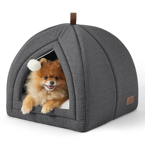 BEDSURE Katzenbett große Katzen Katzenhöhle- 44x44x44 cm Katzenhaus Indoor mit abnehmbarem Sherpa Katzenkissen und hängendem Spielzeug, Katzen Bettchen waschbar, dunkelgrau