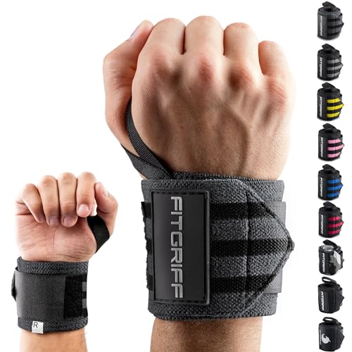 Fitgriff® Handgelenk Bandagen [Wrist Wraps] 45cm Handgelenkbandage für Fitness, Handgelenkstütze, Bodybuilding, Kraftsport & Crossfit (Grau/Schwarz)