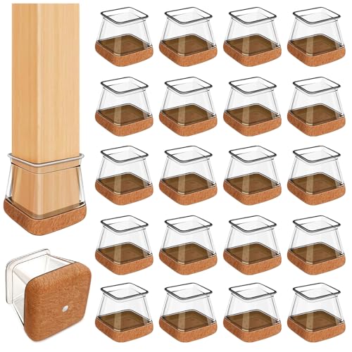 Stuhlbeinkappen Eckig, 32pcs Bodenschoner für Stühle, Schutzkappen für Stuhlbeine mit Filz, Transparent Silikon Stuhlbeinschoner für Hartholzböden.