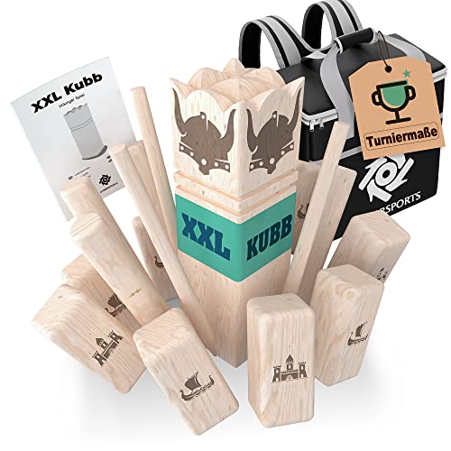 Kubb XXL [Premium] Holz Wikinger Spiel aus Gummibaum Holz – Kubb Hartholz für Erwachsene - mit praktischer Tragetasche