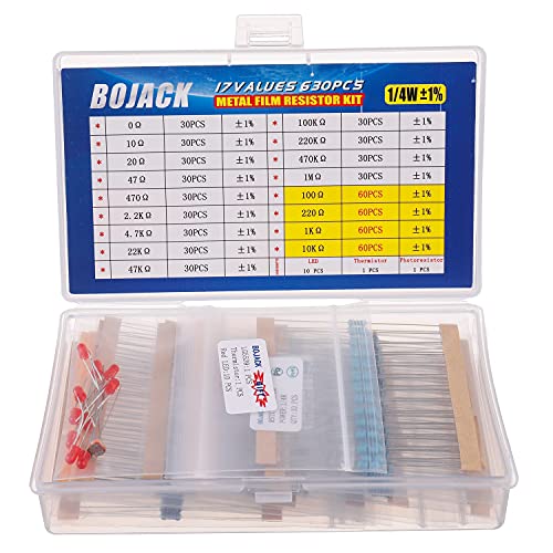 BOJACK Widerstände Sortiment Kit 0 Ohm - 1M Ohm 1/4W Metallfilm Widerstand & 1 Pcs Thermistor & 1 Pcs Fotowiderstand & 10 Pcs LED Resistor Kit (17 Werte 630 Stück)