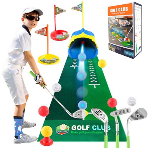 Golf Spielzeug Set für Kinder, Minigolf mit 1 Dinosaurier Automatic Golf Returner, 3 Skalierbarer Golfschläger, 6 Bällen und Putting Matte, Indoor und Outdoor Sportspielzeug, Geschenk für Kinder