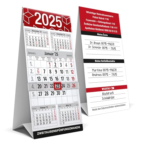 TOBJA Tischkalender 2025 zum Aufstellen mit Datumsschieber und Notrufnummern 5-Monats-Kalender für Senioren, kompakter Stehkalender 2025 mit Rückseite für persönliche Notizen und wichtige Kontakte