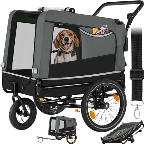 tectake® Fahrradanhänger multifunktional - als Hunde Anhänger Wagen für Fahrrad und e Bike, Jogger oder Buggy, Belastbarkeit bis 40kg, faltbar, schneller Umbau, inkl. Sicherheits Zubehör - grau