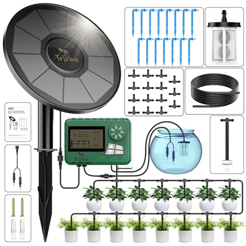 TRJZWA Solar Bewässerungssystem mit Automatischem Bewässerungscomputer 2024 Solar Tropfschlauch Bewässerung für Gärten,Balkone,Gewächshäuser mit 15 m Wasserleitung,15 Tropfer etc