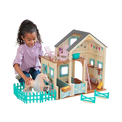 KidKraft Sweet Meadow Pferdestall Puppenhaus mit Pferd - Spielset aus Holz mit Möbeln und Zubehör, Pferde Spielzeug Geschenk für Jungen und Mädchen ab 3 Jahre, 63534