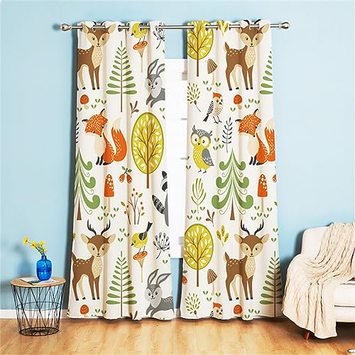 Koudi Blickdichte Vorhänge Kinderzimmer Tiere Hase Fuchs Bäume Muster Gardinen mit Ösen für Mädchenzimmer, Kinderzimmer, Babyzimmer 160 × 107cm (H × B)