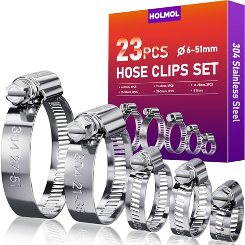 23 Stück Schlauchschellen Set, HOLMOL 6-51mm Schlauchschellen Edelstahl Schellen Sortiment, A2 Edelstahl Schlauchklemme, Einstellbare Schraubschellen für Pool, Garten, Wasser Rohr