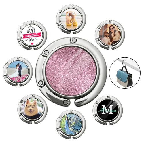 SKHJEGN Individueller Foto-Handtaschenhaken, personalisierbar, faltbar, Handtaschenaufhänger für den Tisch mit Namentext, Damen-Taschenaufhänger, Geschenke, Rosa, 1 Stück