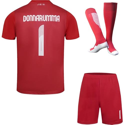 Hawkara Italien #1 Donnarumma Torwarttrikot Fußball Kinder Trikot Auflage Shorts Socken Set Jugendgrößen (Rot,28)