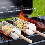 Ivtivfu Nestendes Rollendes Grillkorb Set mit Holzgriff (2 Stück, 24cm × 10cm), Rolling Grilling Basket, Grillnetzrohr für Den Außengrill für Gemüse, Grillkorb Edelstahl Zylindrisch, Grillnetz