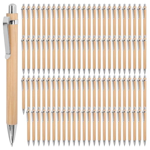 Torribaly 100 Stück Kugelschreiber Set, Personalisierte Kugelschreiber Blaue Tinte, 1 MM Kulischreiber Bambus Kugelschreiber Druckkugelschreiber, Holzkugelschreiber