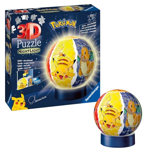 Ravensburger 3D Puzzle 11547 - Nachtlicht Puzzle-Ball Pokémon - 72 Teile - für Pokémon Fans ab 6 Jahren, LED Nachttischlampe mit Klatsch-Mechanismus, Pokémon Spielzeug, Pokémon Geschenk