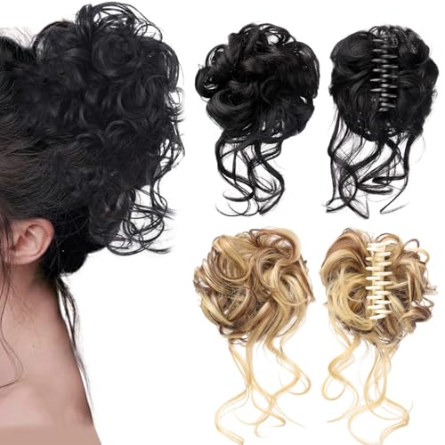 2 Stück Haarteil mit Klammer Lockig Wellig Haargummi mit Haaren Klammer Haarteile Dutt mit Klammer Hochsteckfrisuren Synthetisch Messy Bun Haar Tousled Updo Haarteile für Frauen Mädchen