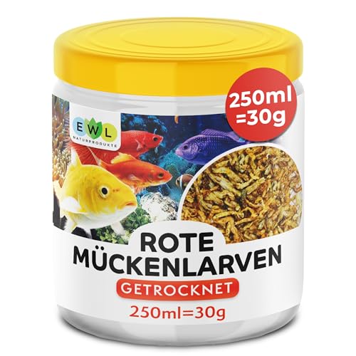 EWL Naturprodukte Rote Mückenlarven getrocknet 250ml (30g) Mückenlarven Fischfutter, Fischfutter Aquarium, geprüfte Qualität von deutschem Anbieter