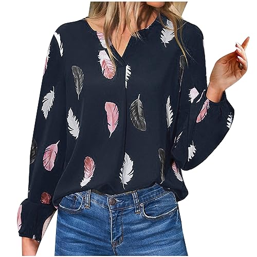 Damen Trendy Elegant Loose Print Tops Dünne V Ausschnitt Blusen Casual Langarm Shirts, dunkelblau, S