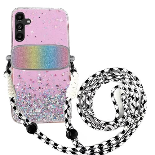 Tivenfezk Nadoli für Samsung Galaxy A25 5G Glitzer Handykette Hülle,Silikon Bling Durchsichtig Crossbody Tasche zum Umhängen Schutzhülle mit Telefon Clip Halter Band