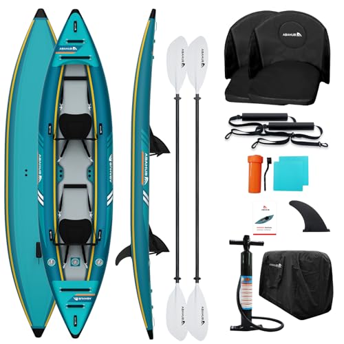 Abahub 420cm Kajak Aufblasbar 2 Personen Inflatable Kayak mit Kajak Paddel, Kajaksitz, Fußstütze, Handpumpe und Tasche für Kajakfahren Kanu Schlauchboot 2 Platz 420x89x23cm Blau