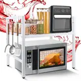 MXTIMWAN 40-64cm Mikrowellen Regal, 2 stufiges Stehend Mikrowellenregal, Erweiterbares Küchen Mikrowelle Ständer Regal mit 6 Hängenden Haken, Verstellbares Mikrowellenregal
