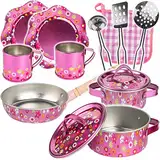 alles-meine.de GmbH 13 TLG. großes Set Kochset & Topfset + Puppengeschirr/Kochtopfset - Bunte Blumen - aus Metall/Emaille - echte Blech Töpfe/Panne + Küchenhelfer - Kochg..