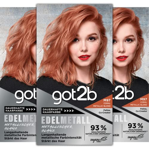 got2b Edelmetall M97 Coral Metallic Blond Stufe 3 (3 x 143 ml), Haarfarbe mit Metall-Glanz-Booster für kühle, schimmernde Töne, permanente Coloration mit Anti-Verblassen-Effekt