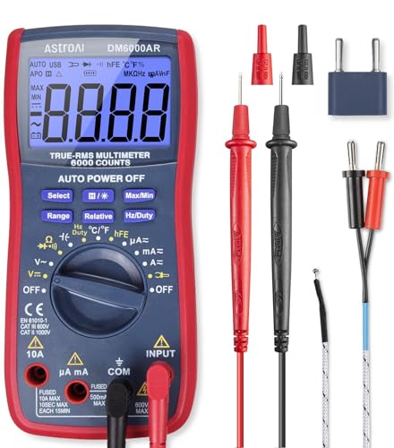 AstroAI Digital Multimeter, True RMS 6000 Counts Advanced Multimeter, messen AC/DC Spannung, AC/DC Strom, Widerstand, Kontinuität, Kapazitanz, Frequenz, Tests Dioden, Transistoren, Temperatur, Rot