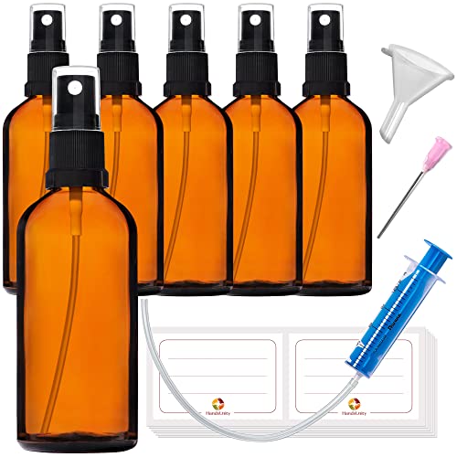 HandsUnity 100ml-6Stk Sprühflasche Glasflasche mit Zerstäuber Bernstein Apothekenflaschen-Set mit schwarzer Zerstäuber Glassprühflasche aus Braunglas mit 17 Stk Zubehörteilen