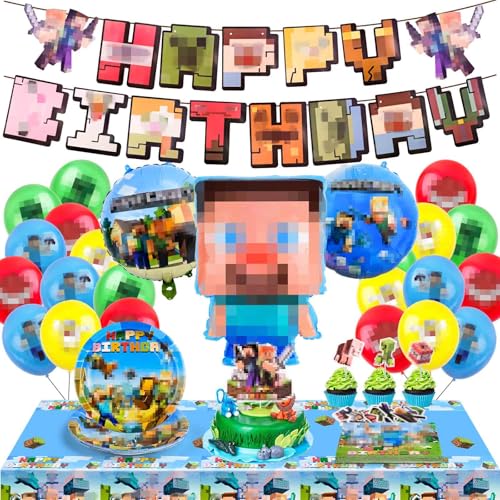 WuGU 73Pcs Videospiel Geburtstags Dekoration,Videospiele Kinder Geburtstag Dekoration Partyzubehör,Pappteller Serviette Tischdecke Ballon Banner für Kindergeburtstag Jungen Tischdeko Party Supplies